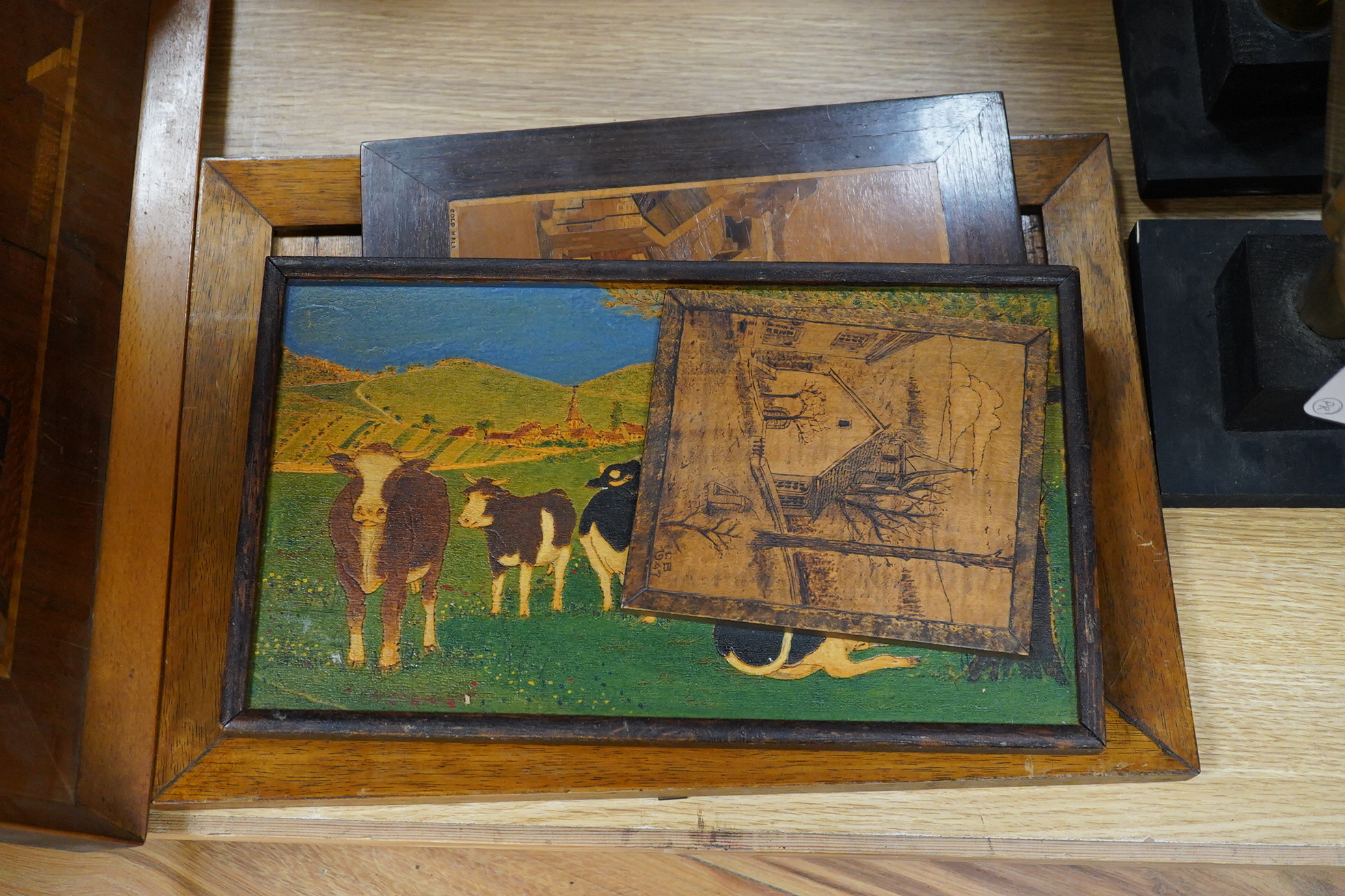 A large fan shaped wooden marquetry panel - 50cm high, a similar tray and two pictures, including three other similar pictures (6)